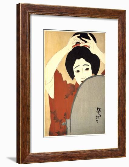 Woman Adjusting Her Hair in Front of the Mirror, 1930-Kitano Tsunetoni-Framed Giclee Print