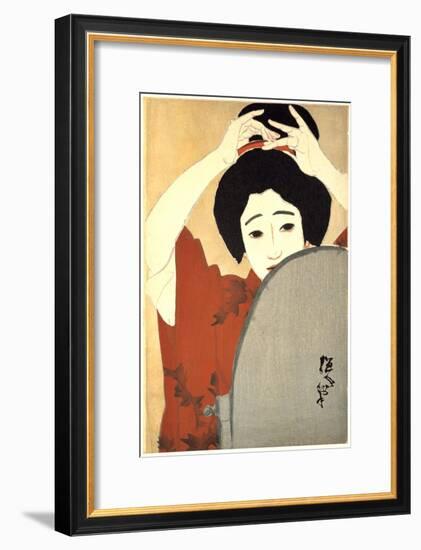 Woman Adjusting Her Hair in Front of the Mirror, 1930-Kitano Tsunetoni-Framed Giclee Print