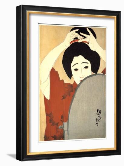 Woman Adjusting Her Hair in Front of the Mirror, 1930-Kitano Tsunetoni-Framed Giclee Print