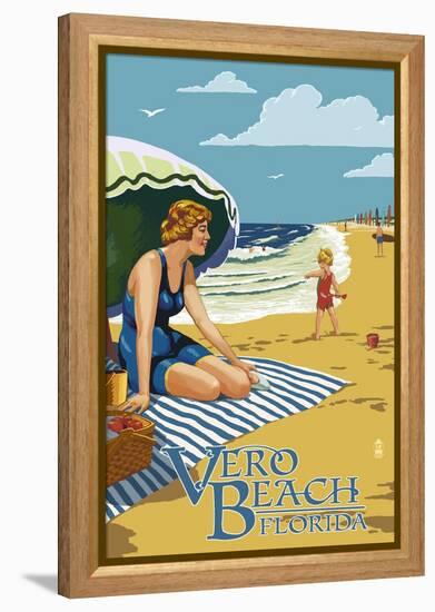 Woman and Beach Scene - Vero Beach, Florida-Lantern Press-Framed Stretched Canvas