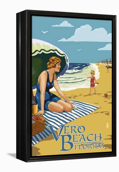 Woman and Beach Scene - Vero Beach, Florida-Lantern Press-Framed Stretched Canvas