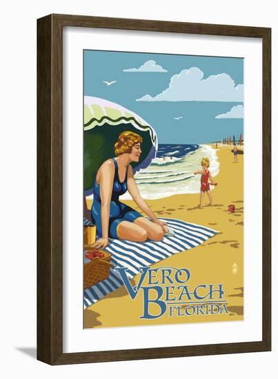 Woman and Beach Scene - Vero Beach, Florida-Lantern Press-Framed Art Print