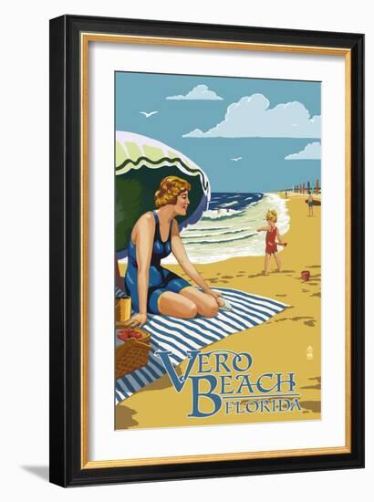 Woman and Beach Scene - Vero Beach, Florida-Lantern Press-Framed Art Print