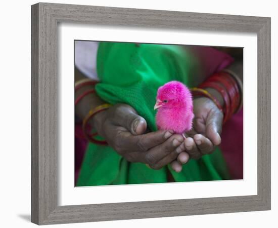 Woman and Chick Painted with Holy Color, Orissa, India-Keren Su-Framed Photographic Print