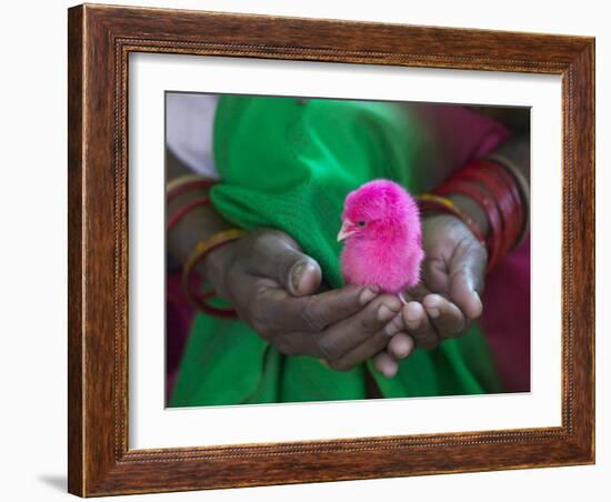 Woman and Chick Painted with Holy Color, Orissa, India-Keren Su-Framed Photographic Print