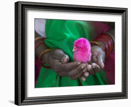 Woman and Chick Painted with Holy Color, Orissa, India-Keren Su-Framed Photographic Print