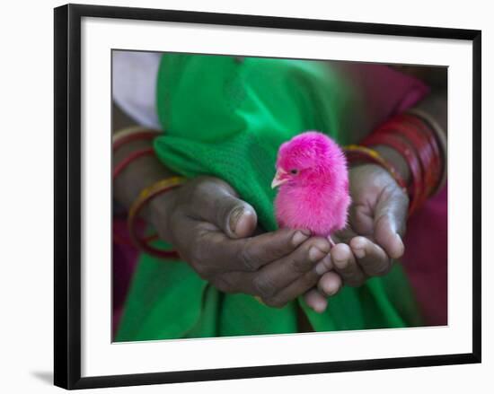 Woman and Chick Painted with Holy Color, Orissa, India-Keren Su-Framed Photographic Print