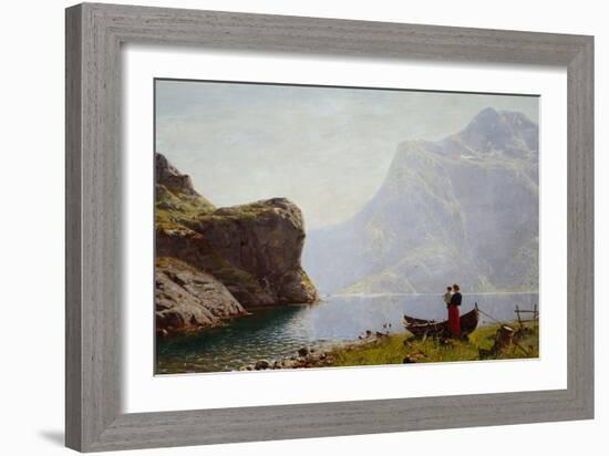 Woman and Child by the Fjord Bank-Hans Andreas Dahl-Framed Giclee Print