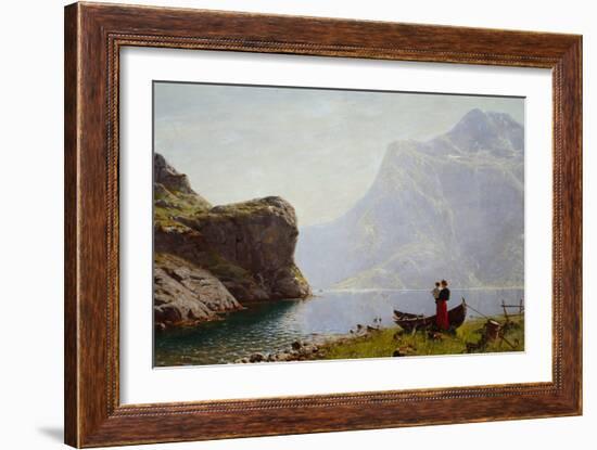 Woman and Child by the Fjord Bank-Hans Andreas Dahl-Framed Giclee Print