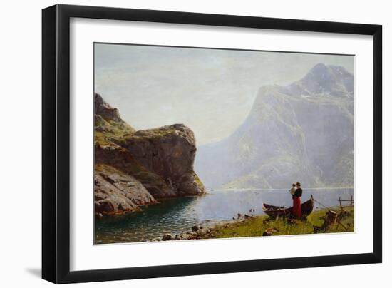 Woman and Child by the Fjord Bank-Hans Andreas Dahl-Framed Giclee Print