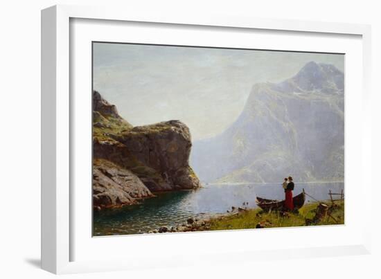 Woman and Child by the Fjord Bank-Hans Andreas Dahl-Framed Giclee Print