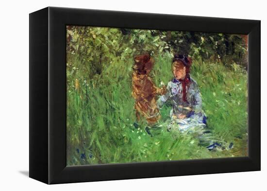 Woman and Child in Garden in Bougival-Berthe Morisot-Framed Stretched Canvas