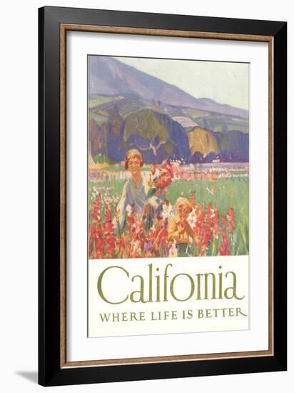 Woman and Child Picking Flowers-null-Framed Art Print