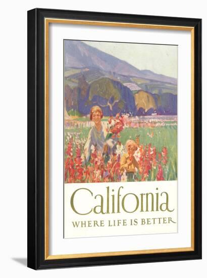 Woman and Child Picking Flowers-null-Framed Art Print