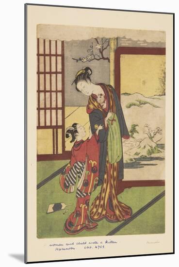 Woman and Child with Kitten (Colour Woodblock Print)-Suzuki Harunobu-Mounted Giclee Print