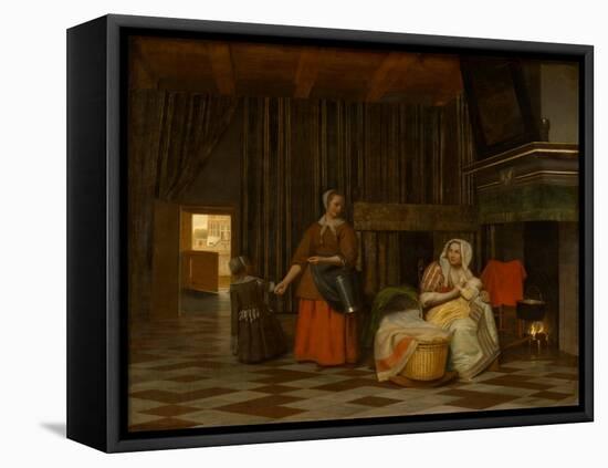 Woman and Child with Serving Maid, 1663-1665-Pieter de Hooch-Framed Premier Image Canvas