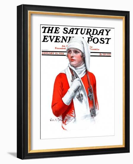 "Woman and Ice Scates," Saturday Evening Post Cover, January 26, 1924-Charles A. MacLellan-Framed Giclee Print