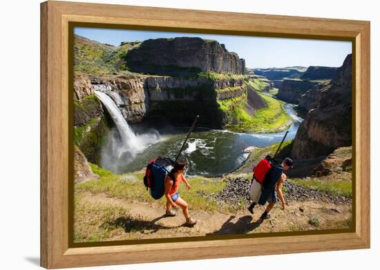 Woman And Man Wear Packs With SUP Gear, Hiking Into The Base Of Palouse Falls For An Afternoon-Ben Herndon-Framed Premier Image Canvas