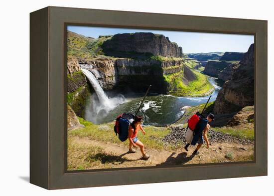 Woman And Man Wear Packs With SUP Gear, Hiking Into The Base Of Palouse Falls For An Afternoon-Ben Herndon-Framed Premier Image Canvas