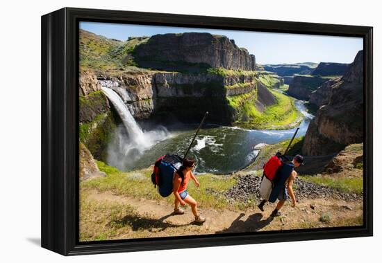 Woman And Man Wear Packs With SUP Gear, Hiking Into The Base Of Palouse Falls For An Afternoon-Ben Herndon-Framed Premier Image Canvas