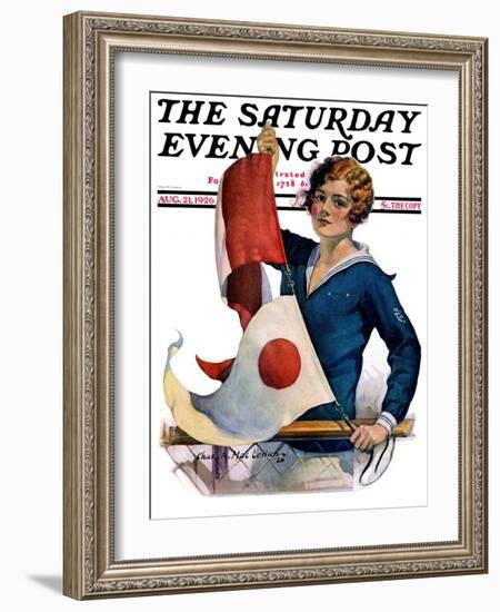"Woman and Signal Flags," Saturday Evening Post Cover, August 21, 1926-Charles A. MacLellan-Framed Giclee Print