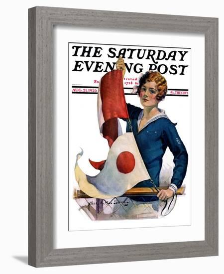 "Woman and Signal Flags," Saturday Evening Post Cover, August 21, 1926-Charles A. MacLellan-Framed Giclee Print