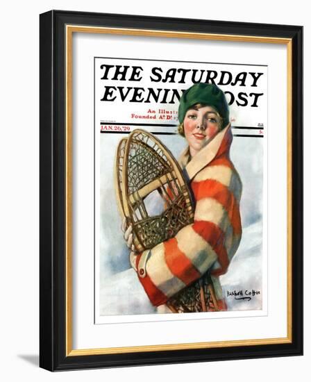 "Woman and Snowshoes," Saturday Evening Post Cover, January 26, 1929-William Haskell Coffin-Framed Giclee Print