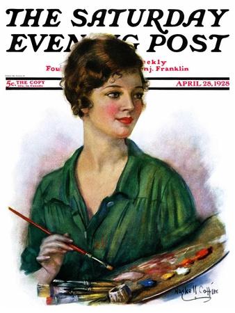 1928 Lovely woman artist holds palette Saturday Evening Post Cover by HASKELL COFFIN great graphics frameable magazine art original print