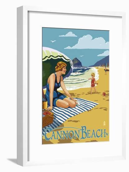 Woman at Cannon Beach, Oregon-Lantern Press-Framed Art Print