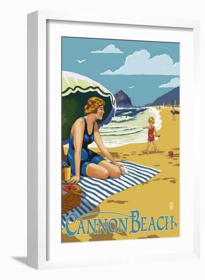 Woman at Cannon Beach, Oregon-Lantern Press-Framed Art Print