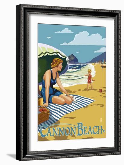 Woman at Cannon Beach, Oregon-Lantern Press-Framed Art Print