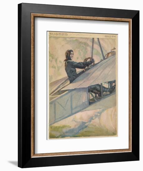 Woman at the Controls of an Early Aeroplane-null-Framed Art Print