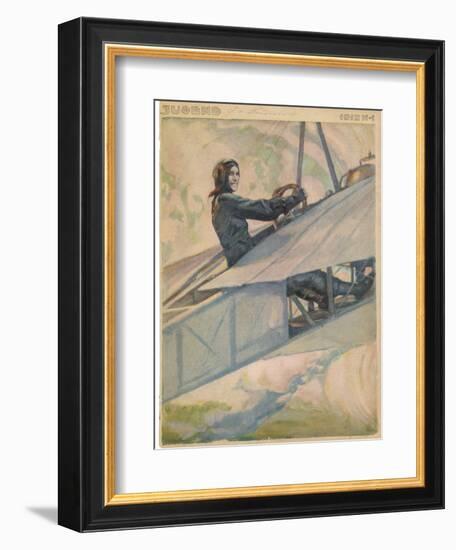 Woman at the Controls of an Early Aeroplane-null-Framed Art Print