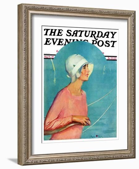 "Woman at the Rudder," Saturday Evening Post Cover, August 17, 1929-Penrhyn Stanlaws-Framed Giclee Print