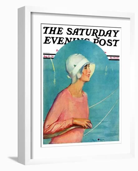 "Woman at the Rudder," Saturday Evening Post Cover, August 17, 1929-Penrhyn Stanlaws-Framed Giclee Print