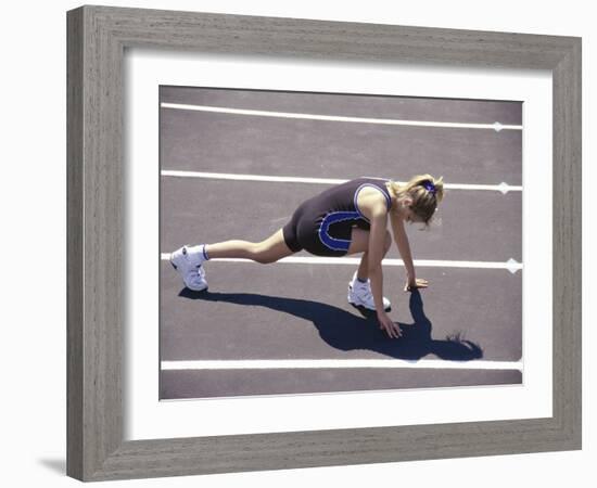 Woman at the Starting Pose on a Running Track-null-Framed Photographic Print