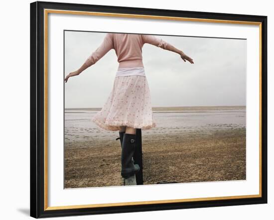 Woman Balancing on a Breakwater-null-Framed Photographic Print