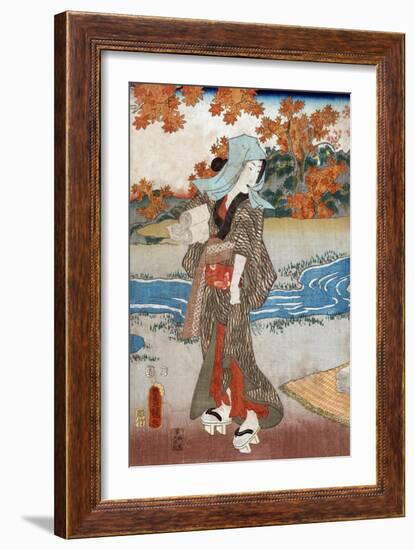 Woman beneath Maple Leaves, Japanese Wood-Cut Print-Lantern Press-Framed Art Print