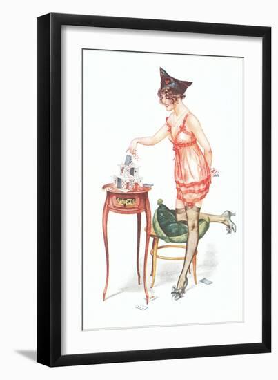 Woman Building House of Cards-null-Framed Art Print