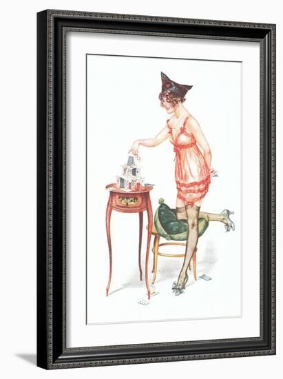 Woman Building House of Cards-null-Framed Art Print