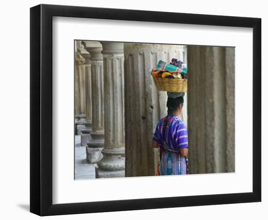 Woman Carrying Basket with Colonial Styled Pillars, Antigua, Guatemala-Keren Su-Framed Photographic Print