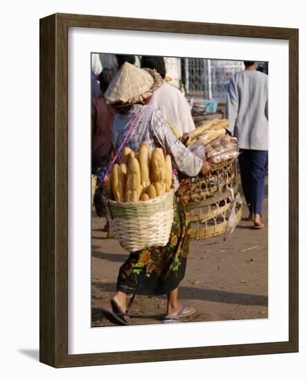 Woman Carrying Baskets of French Bread, Talaat Sao Market in Vientiane, Laos, Southeast Asia-Alain Evrard-Framed Photographic Print