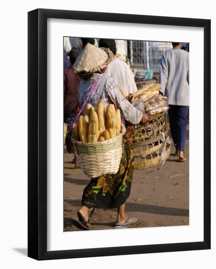 Woman Carrying Baskets of French Bread, Talaat Sao Market in Vientiane, Laos, Southeast Asia-Alain Evrard-Framed Photographic Print