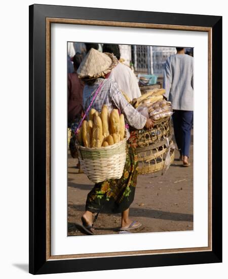 Woman Carrying Baskets of French Bread, Talaat Sao Market in Vientiane, Laos, Southeast Asia-Alain Evrard-Framed Photographic Print