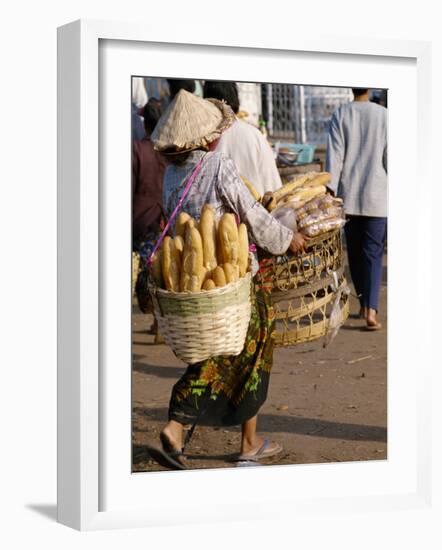 Woman Carrying Baskets of French Bread, Talaat Sao Market in Vientiane, Laos, Southeast Asia-Alain Evrard-Framed Photographic Print