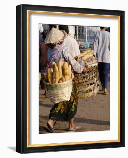 Woman Carrying Baskets of French Bread, Talaat Sao Market in Vientiane, Laos, Southeast Asia-Alain Evrard-Framed Photographic Print