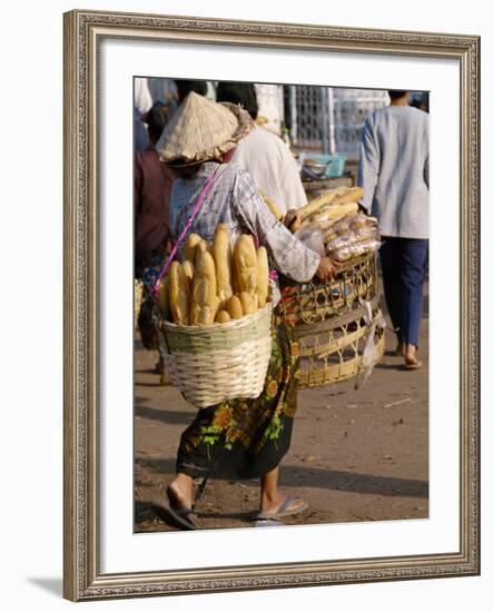 Woman Carrying Baskets of French Bread, Talaat Sao Market in Vientiane, Laos, Southeast Asia-Alain Evrard-Framed Photographic Print