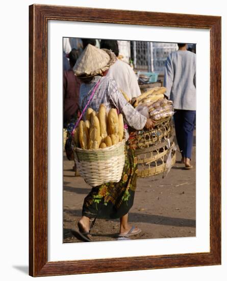 Woman Carrying Baskets of French Bread, Talaat Sao Market in Vientiane, Laos, Southeast Asia-Alain Evrard-Framed Photographic Print