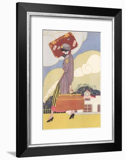 Woman Carrying Suitcase-null-Framed Art Print