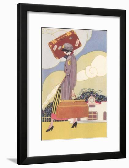 Woman Carrying Suitcase-null-Framed Art Print